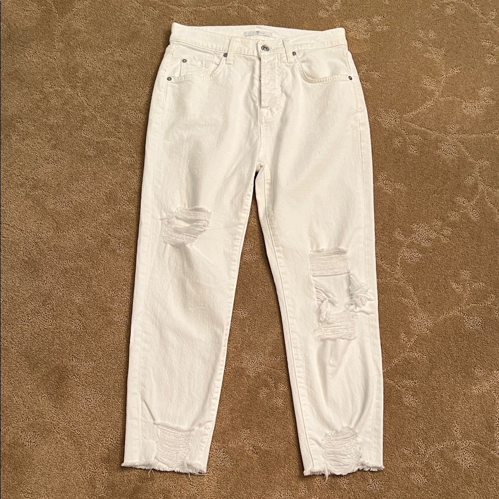 7 For All Mankind White Distressed Jeans, Sz 26